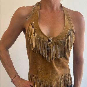 Gold leather halter top with fringe